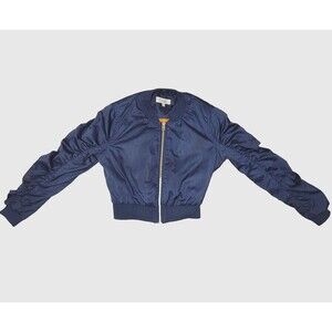 Charlotte Russe Navy Cropped Bomber Jacket Sz XS Ruched Sleeves Zip Front Y2K
